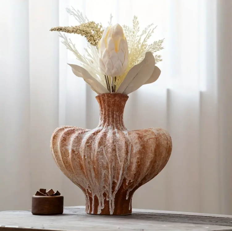 Contemporary Ceramic Vase with Rough Exterior & Smooth Interior - Rustic Modern Home Decor