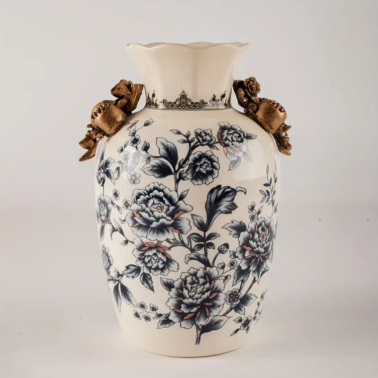 Elegant Vintage Ceramic Vase with Floral and Butterfly Design, Ice Crack Pattern