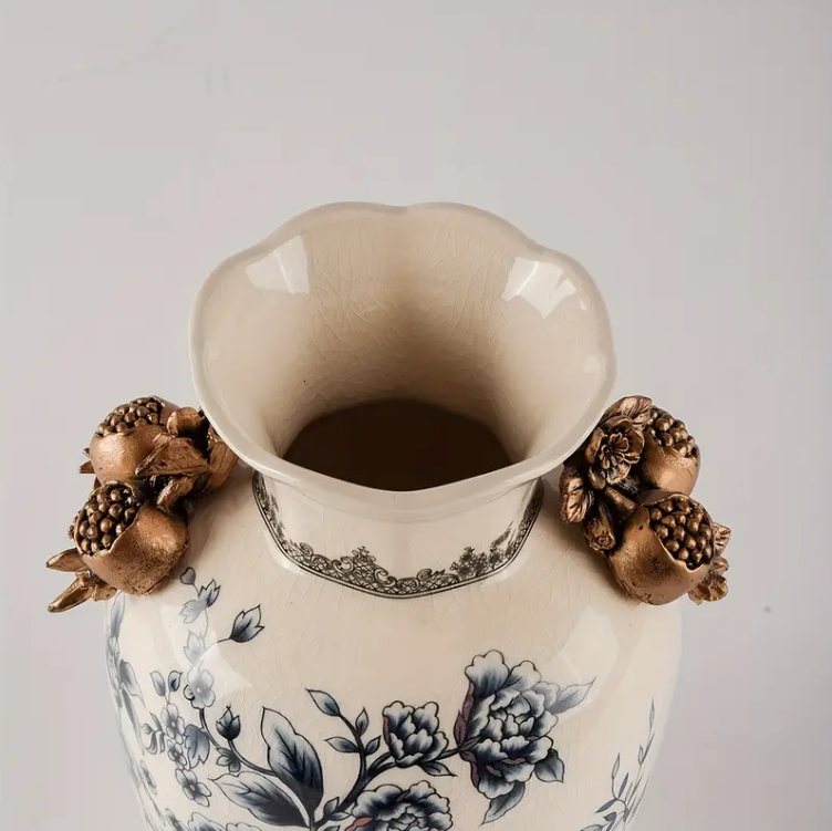 Elegant Vintage Ceramic Vase with Floral and Butterfly Design, Ice Crack Pattern