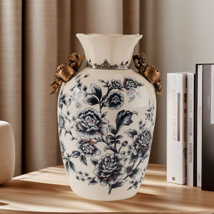 Elegant Vintage Ceramic Vase with Floral and Butterfly Design, Ice Crack Pattern