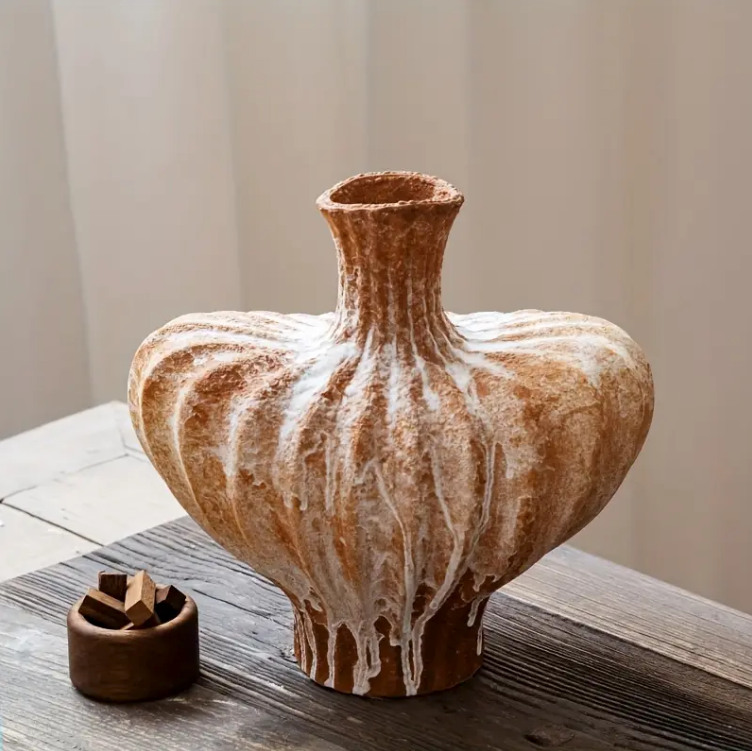 Contemporary Ceramic Vase with Rough Exterior & Smooth Interior - Rustic Modern Home Decor